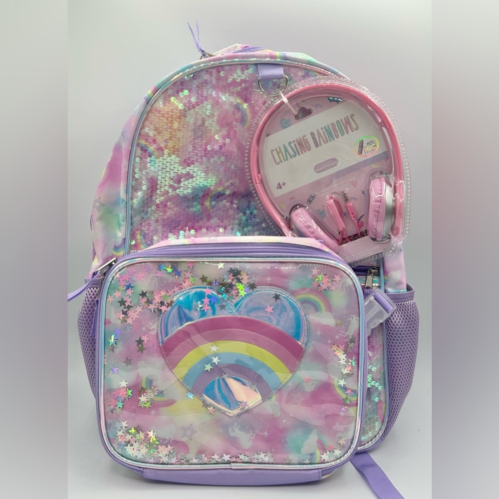 Chasing Rainbows Backpack Pink Rainbow Heart Stars Headphones and Lunch Bag Set